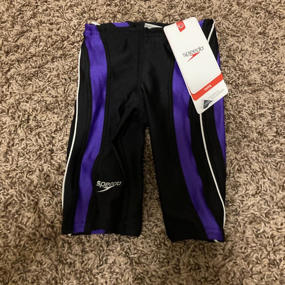 Speedo Racing Long Swim Shorts Size 22 US 3 Black Purple Trim NWOT Drawstring